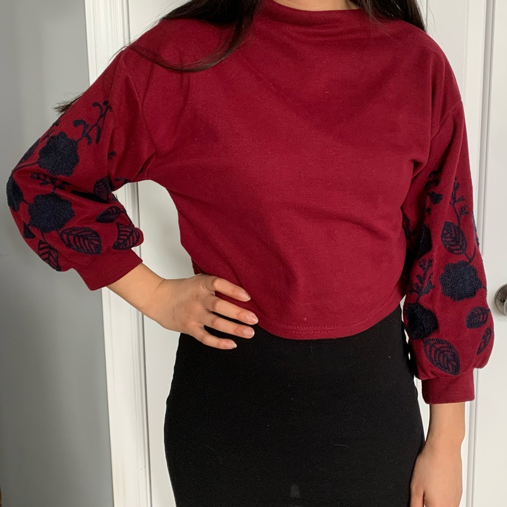 Women's Burgundy Sweater with Floral Sleeves